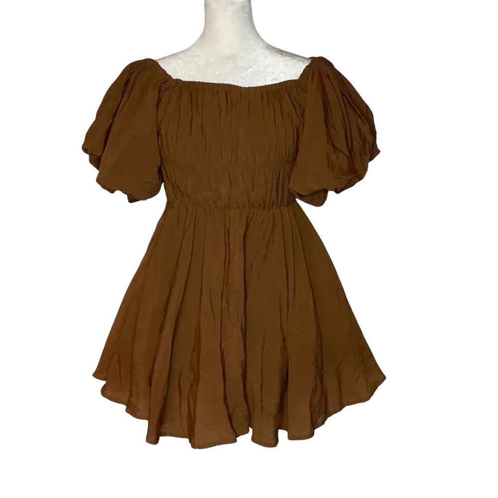 princess polly brown off the shoulder halton mini dress babydoll puff sleeves 4‎